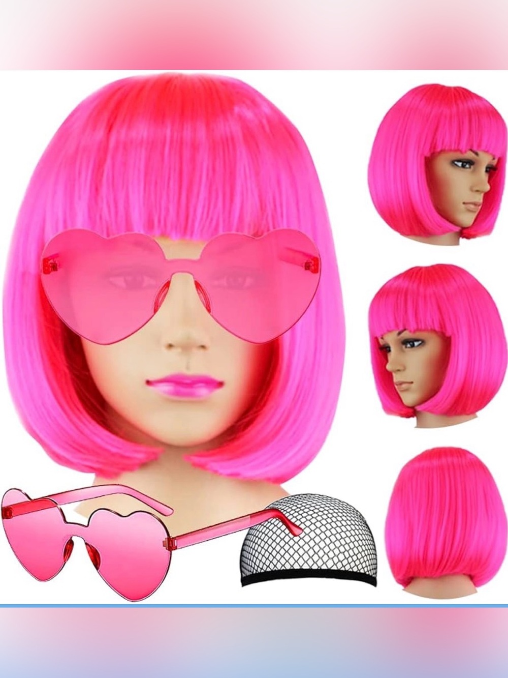 NEW Hot Neon Pink Short Bob Wig with Bangs & Heart Shaped Glasses